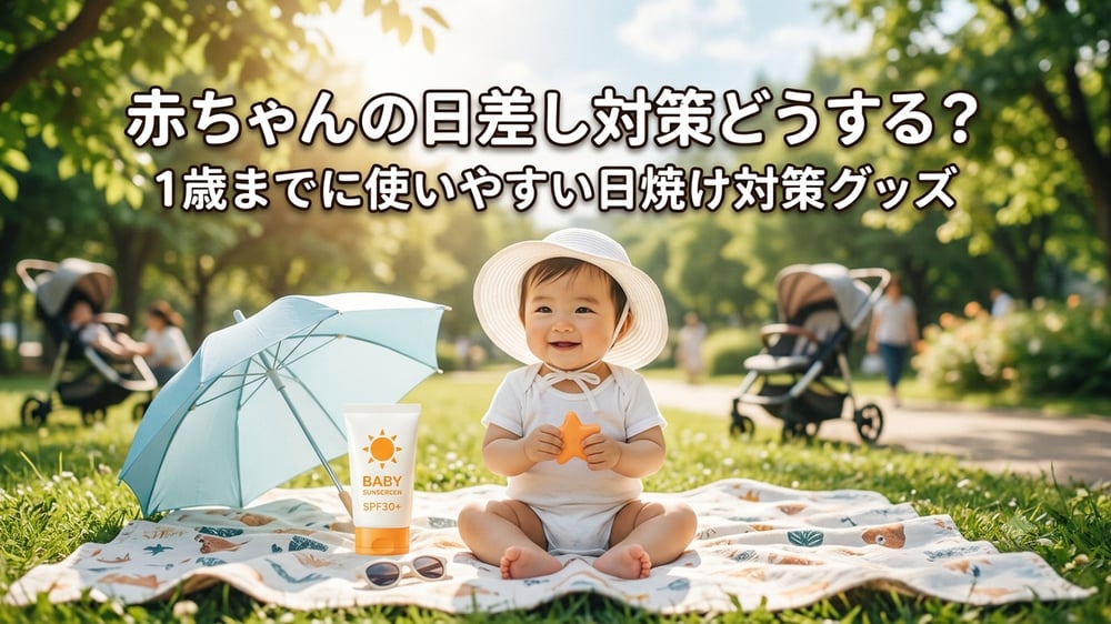 帽子をかぶった赤ちゃんと日傘、日焼け止めを配置した日差し対策のイメージ