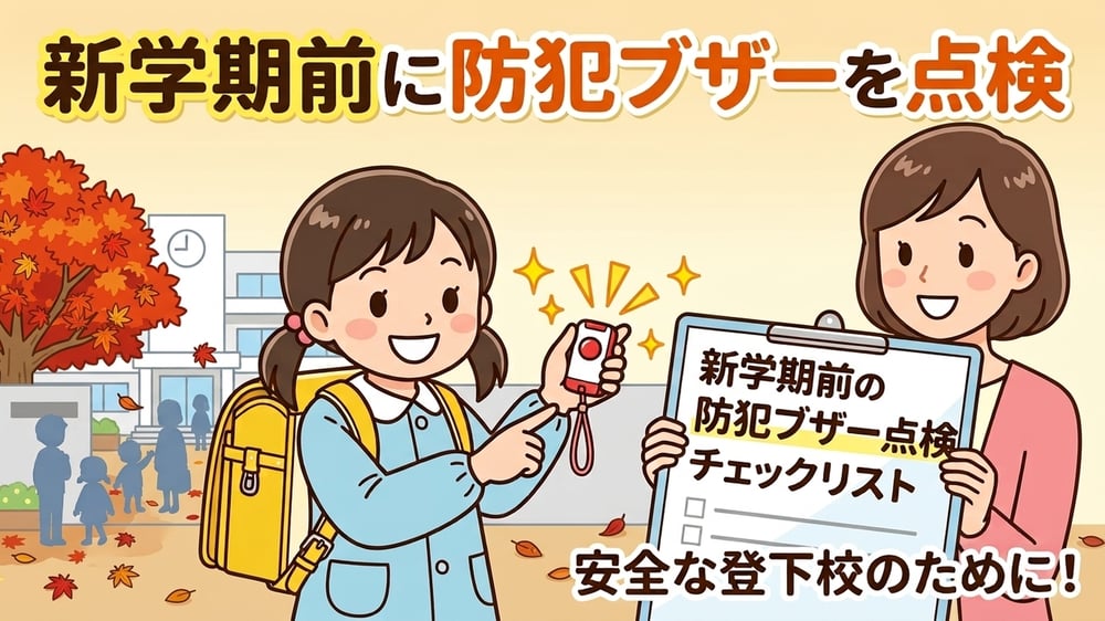 新学期前に防犯ブザーを親子で点検するチェックリストのイラスト