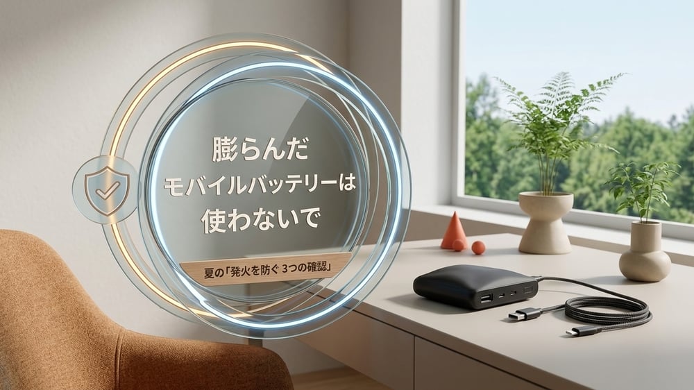 膨らんだモバイルバッテリーを使わないよう呼びかける記事アイキャッチ