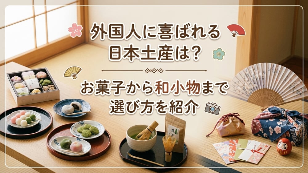 和菓子や抹茶、扇子、和小物を並べた外国人向け日本土産のイメージ
