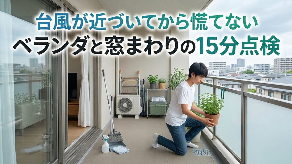台風が近づく前にベランダの植木鉢や排水口を点検する様子