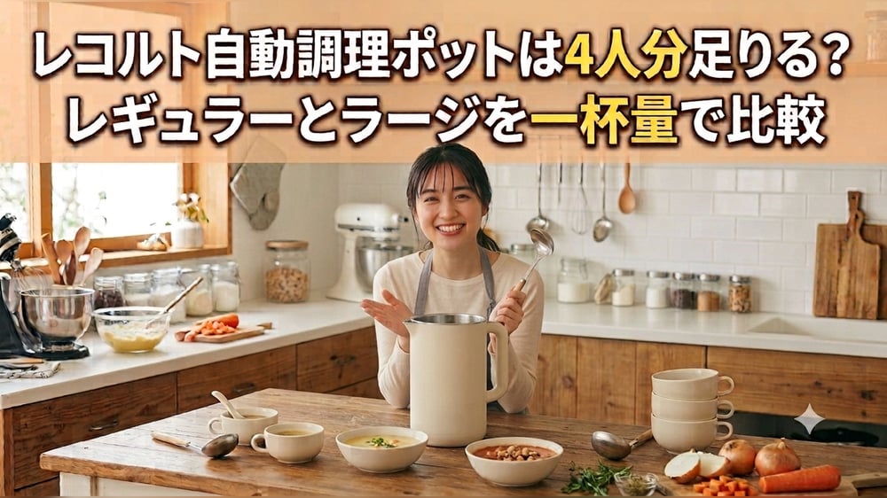 レコルト自動調理ポットは4人分足りる？ レギュラーとラージを一杯量で比較する記事のアイキャッチ