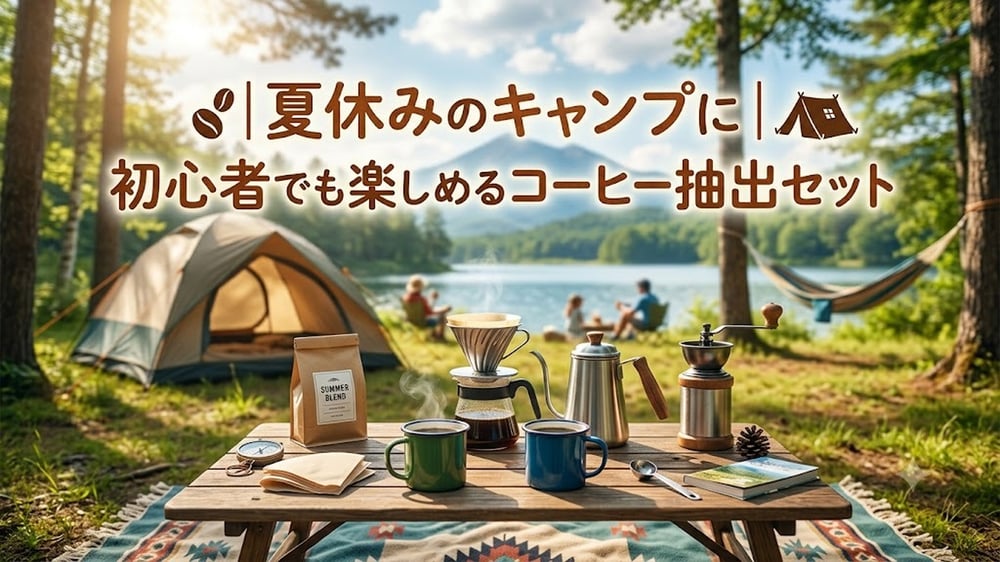 夏のキャンプ場でコーヒーを淹れるための道具を並べた風景