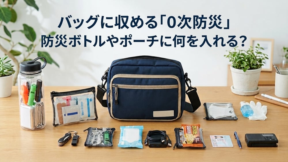 防災ボトルとポーチ、通勤バッグに収める0次防災用品