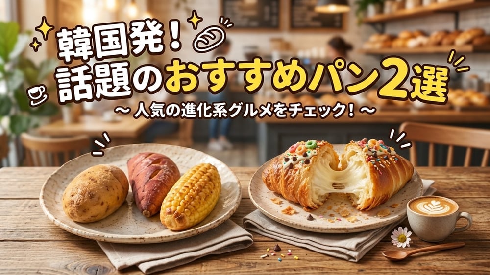 韓国発の話題のパン2選として、農作物そっくりのパンと餅が伸びるパンを紹介するアイキャッチ