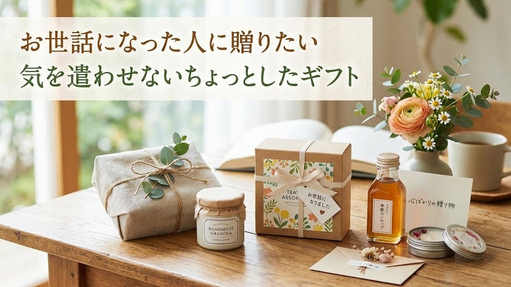 小さなギフトボックスとマグカップを配した、気を遣わせないちょっとしたギフトの記事アイキャッチ