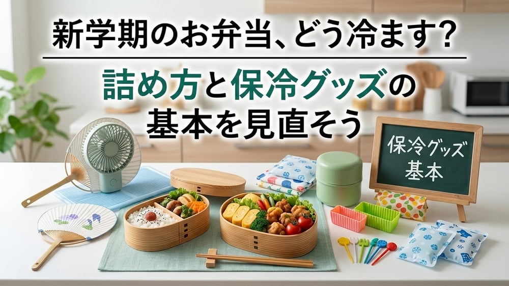 新学期のお弁当と保冷グッズを並べたアイキャッチ画像