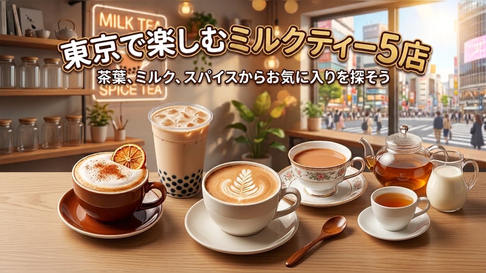東京の街を望むカフェに、さまざまなミルクティーと紅茶を並べた記事アイキャッチ