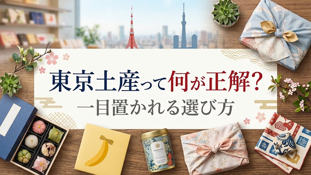 東京タワーや東京スカイツリー、和菓子と贈り物を配置した東京土産の記事アイキャッチ